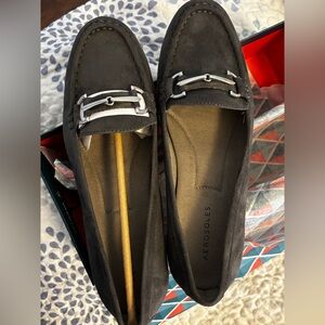 AEROSOLES Women’s Grey Faux Suede Loafers with Silver Buckle